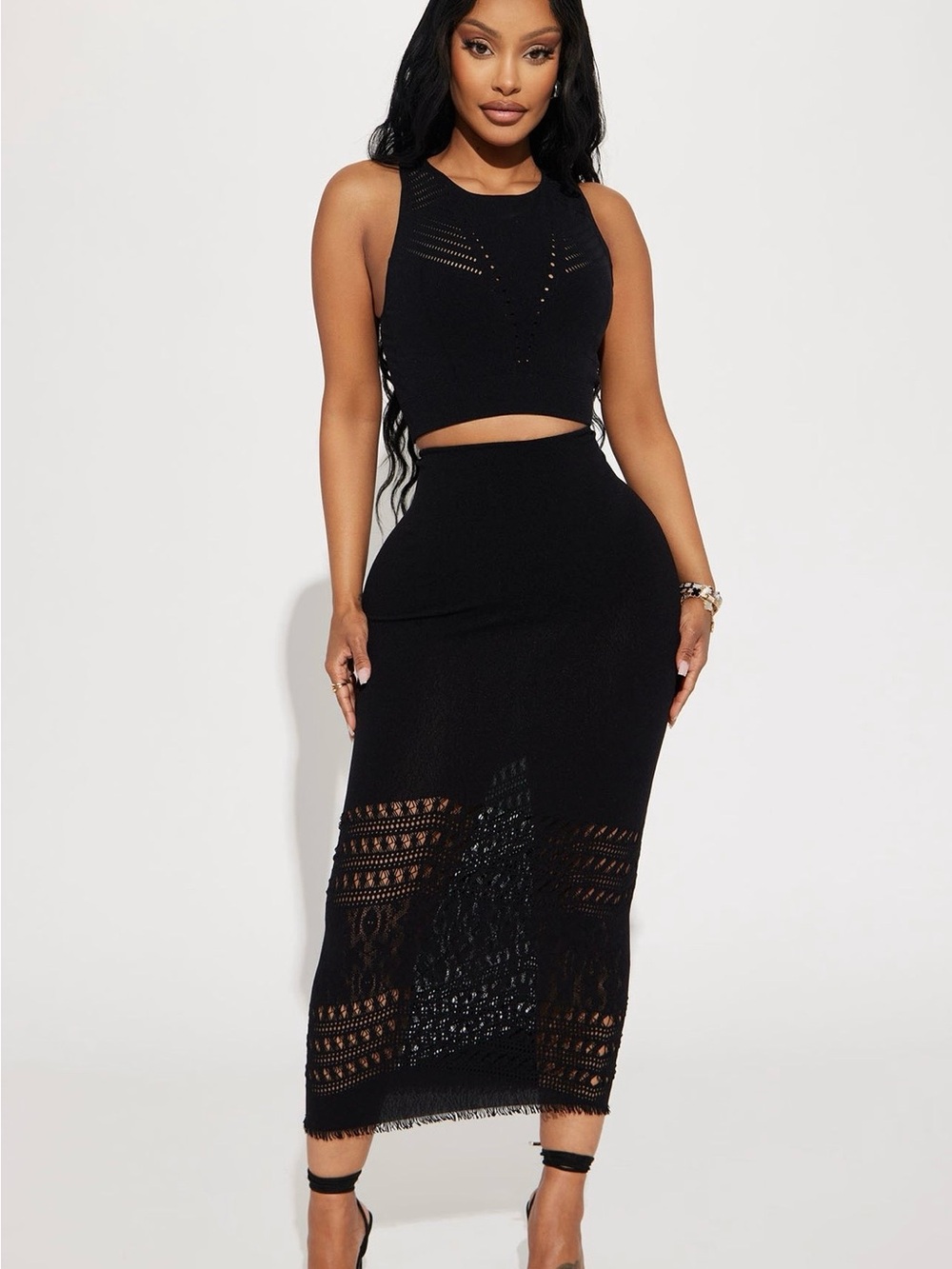 Fashion Nova 2 Piece Black Crochet Midi Skirt with Top S/M NWT Stretchy